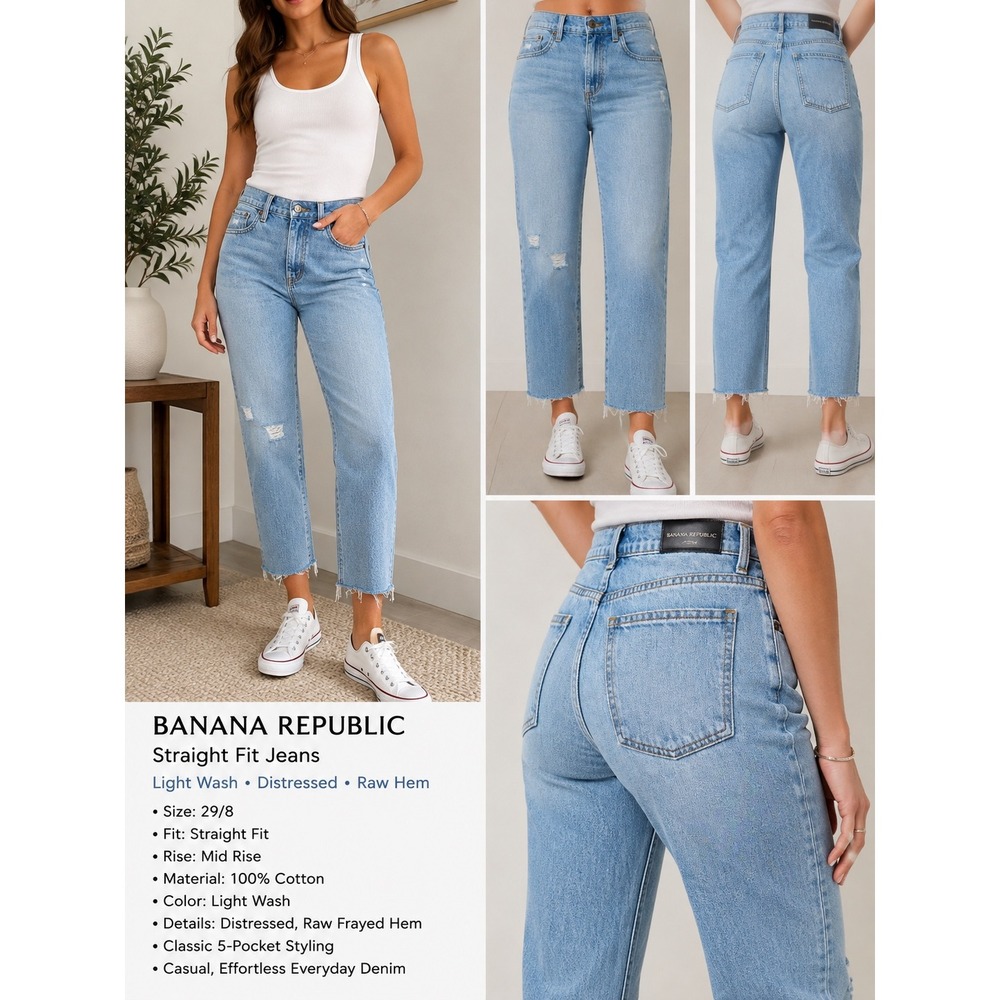 Banana Republic Womens Straight Fit Distressed Light Wash Raw Hem Jeans 29/8